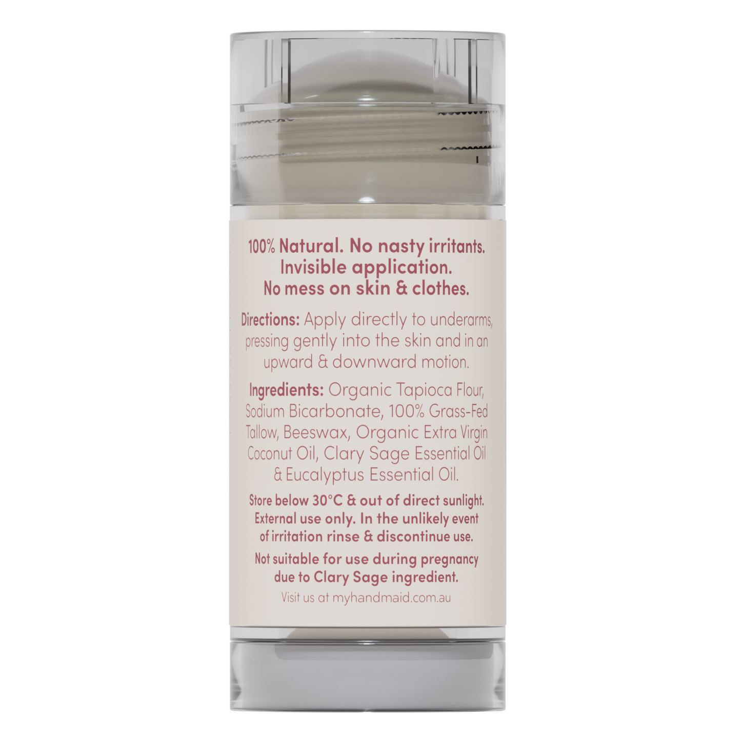 Rear view of a 100% natural Clary Sage and Eucalyptus deodorant stick showing the directions, organic ingredients list, and a warning that it is not suitable for use during pregnancy.