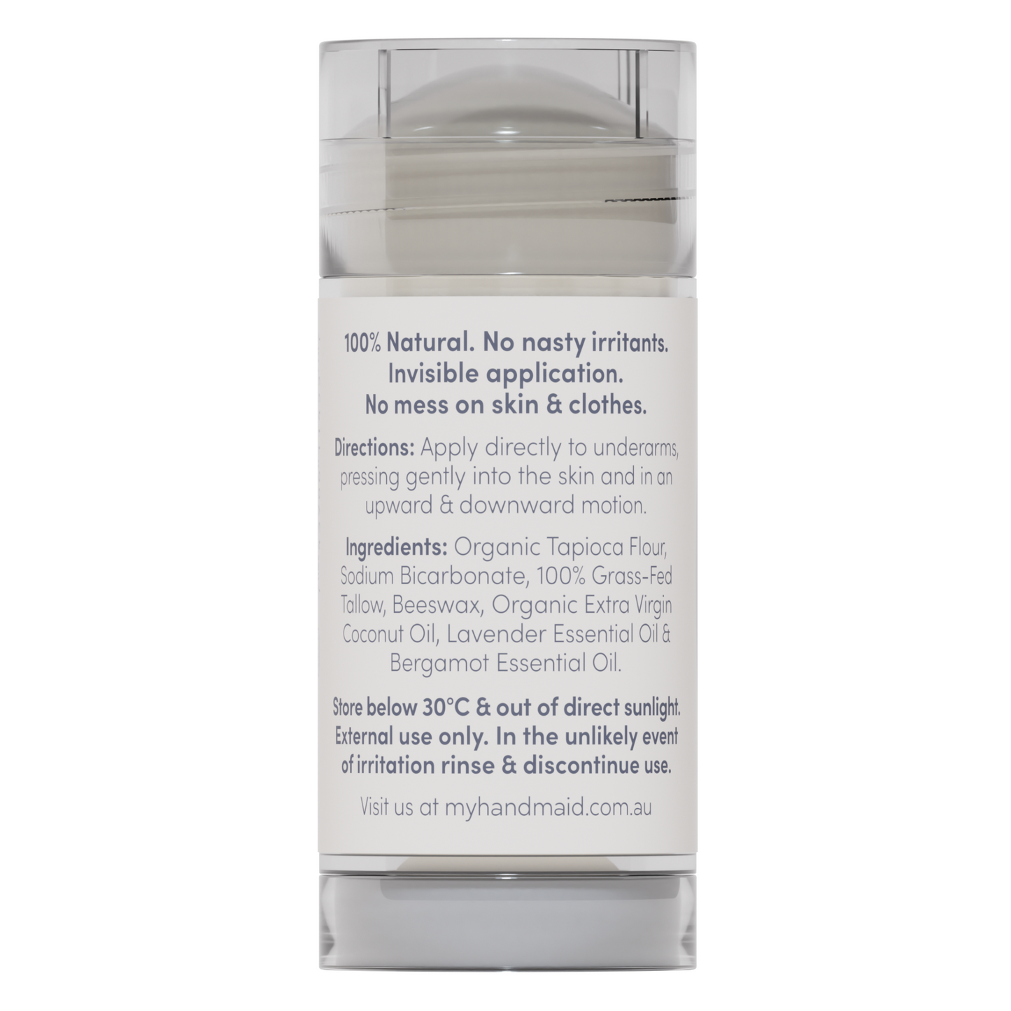 Rear view of a 100% natural Lavender and Bergamot deodorant stick showing the directions, storage instructions, and organic ingredients list.
