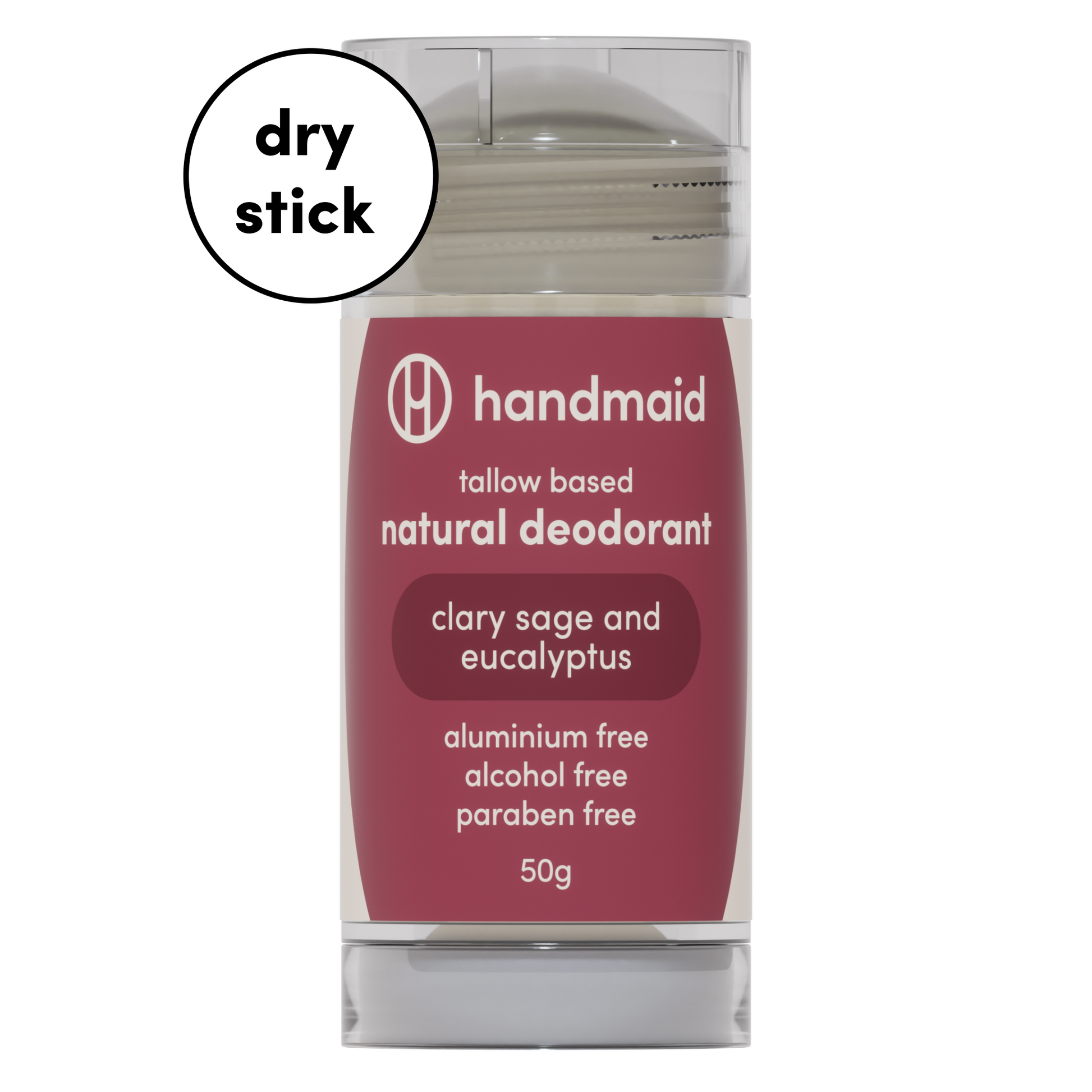 A 50g Handmaid Clary Sage and Eucalyptus natural deodorant dry stick, featuring a red label highlighting all-day protection, aluminium-free, alcohol-free, and paraben-free properties.