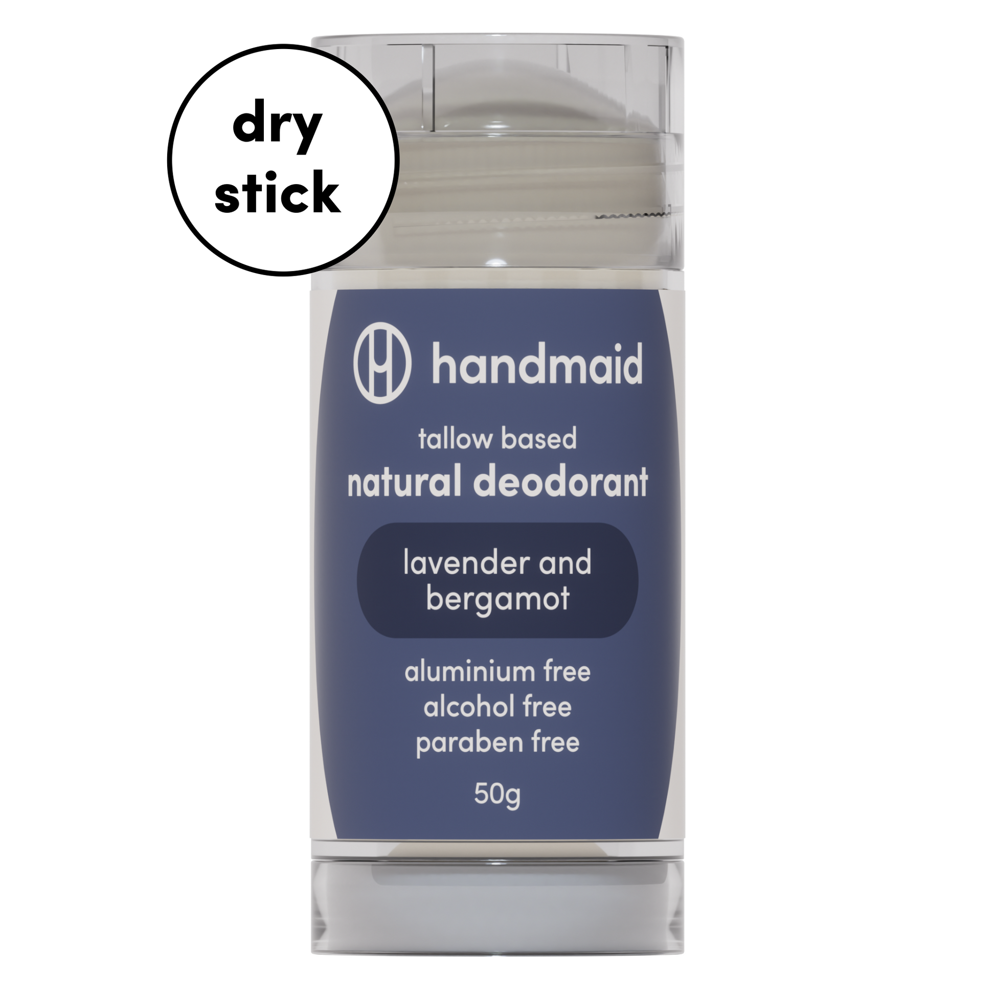 A clear plastic container with a blue label, displaying a dry stick deodorant labeled 'handmaid all day protection natural deodorant lavender and bergamot'. The container indicates 'aluminium free, alcohol free, paraben free' and has a weight of 50g.