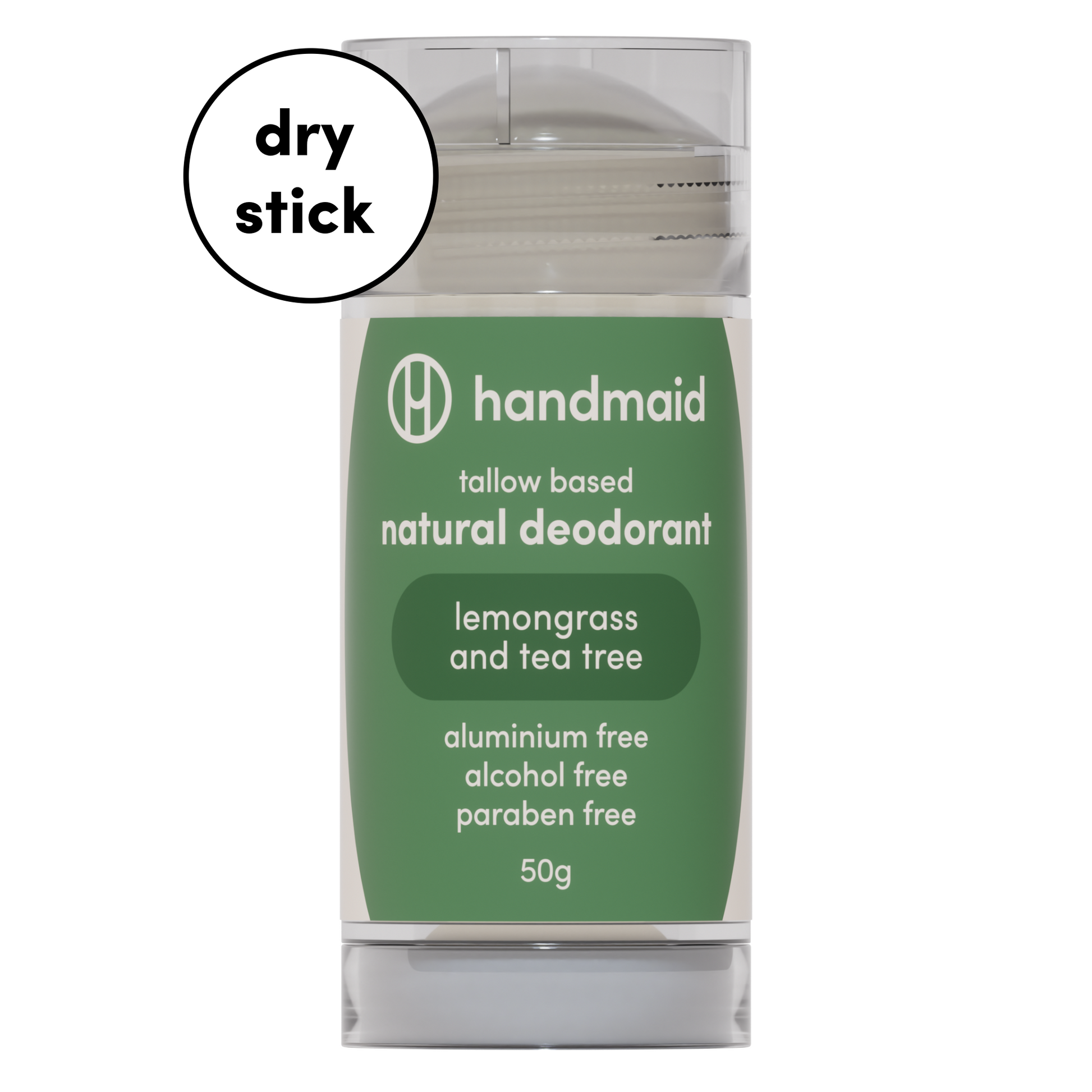 A clear plastic container with a green label displaying 'handmaid all day protection natural deodorant lemongrass and tea tree', indicating the scent and natural ingredients. The container is labeled as dry stick deodorant, aluminium-free, alcohol-free, and paraben-free.
