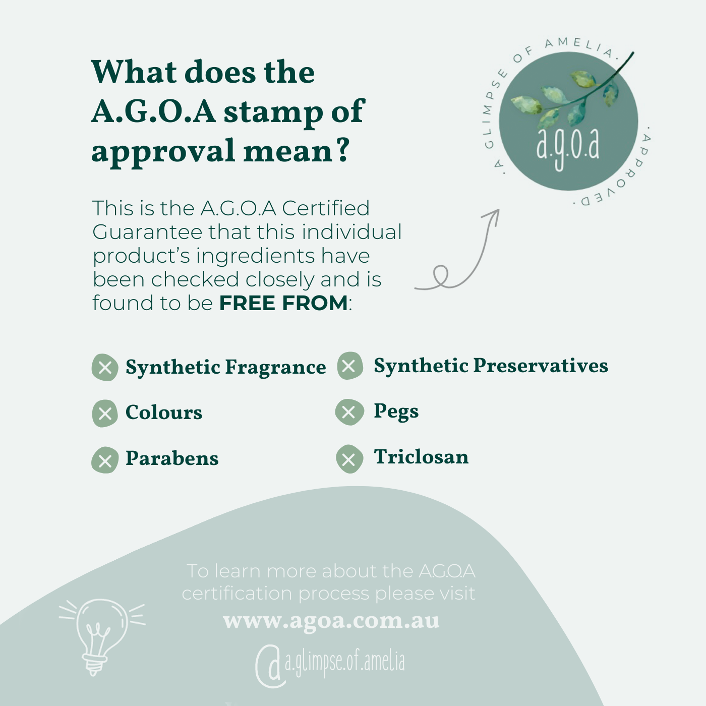 An infographic explaining the A.G.O.A stamp of approval, detailing that certified products are free from synthetic fragrance, synthetic preservatives, colours, pegs, parabens, and triclosan.