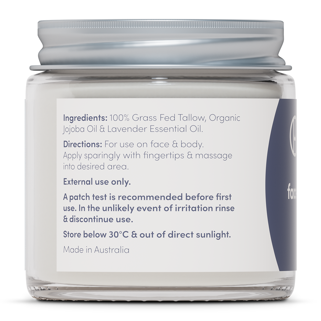 Jar of Australian-made 100% grass-fed tallow balm with organic jojoba oil and lavender essential oil, showing product ingredients and directions label.