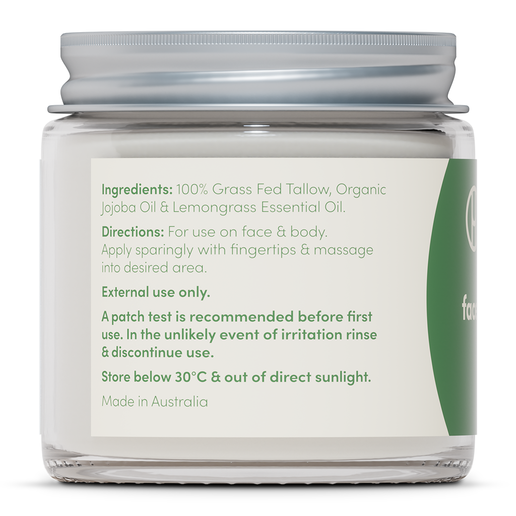 Back label of Lemongrass Tallow Balm jar showing ingredients, directions, and product details