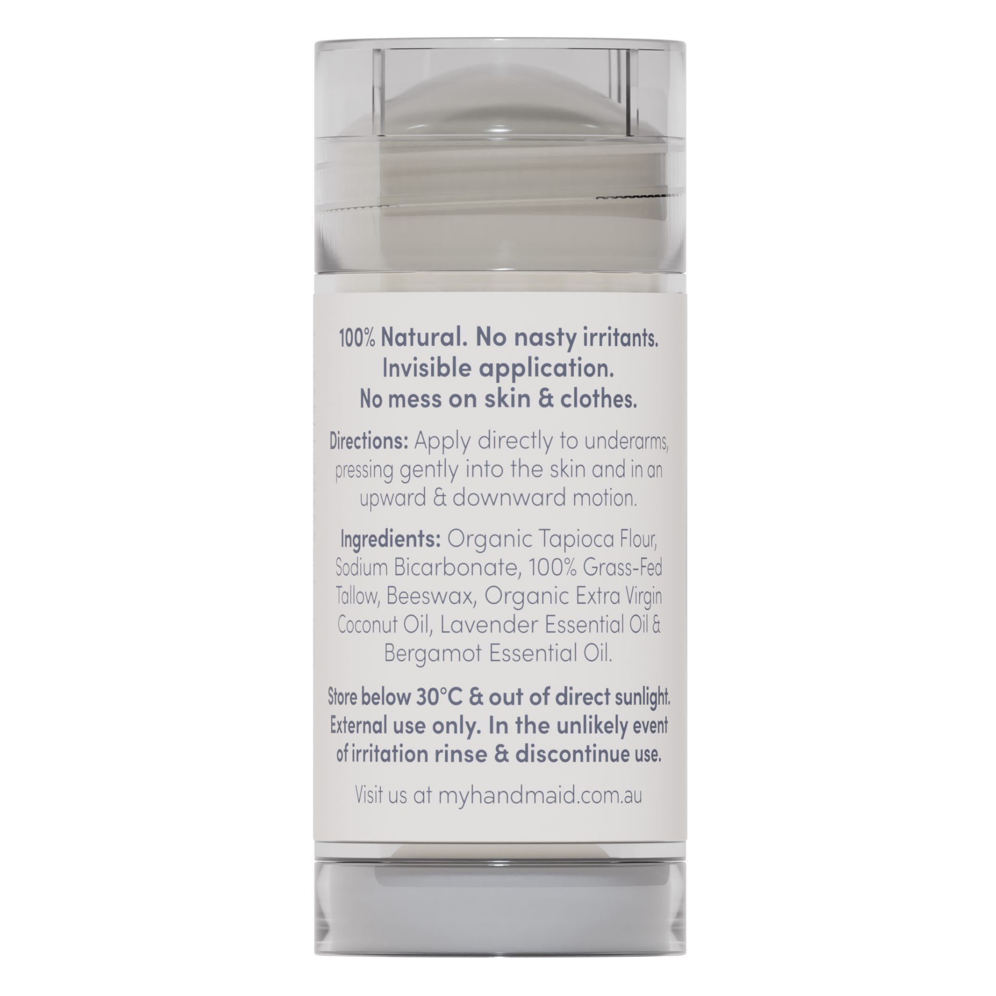 Rear view of a 100% natural Lavender and Bergamot deodorant stick showing the directions, storage instructions, and organic ingredients list.