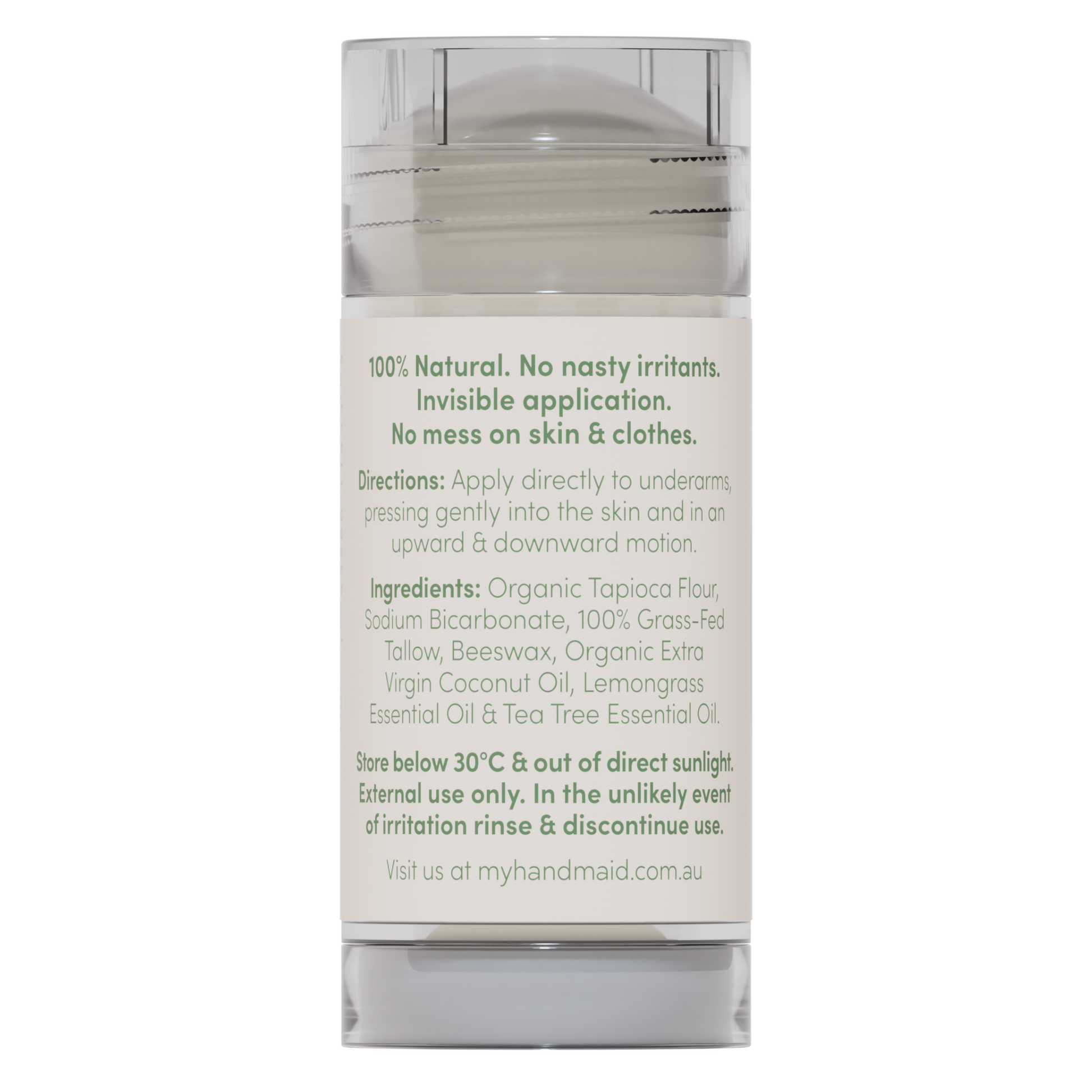 Rear view of a 100% natural Lemongrass and Tea Tree deodorant stick showing the directions, storage instructions, and organic ingredients list.