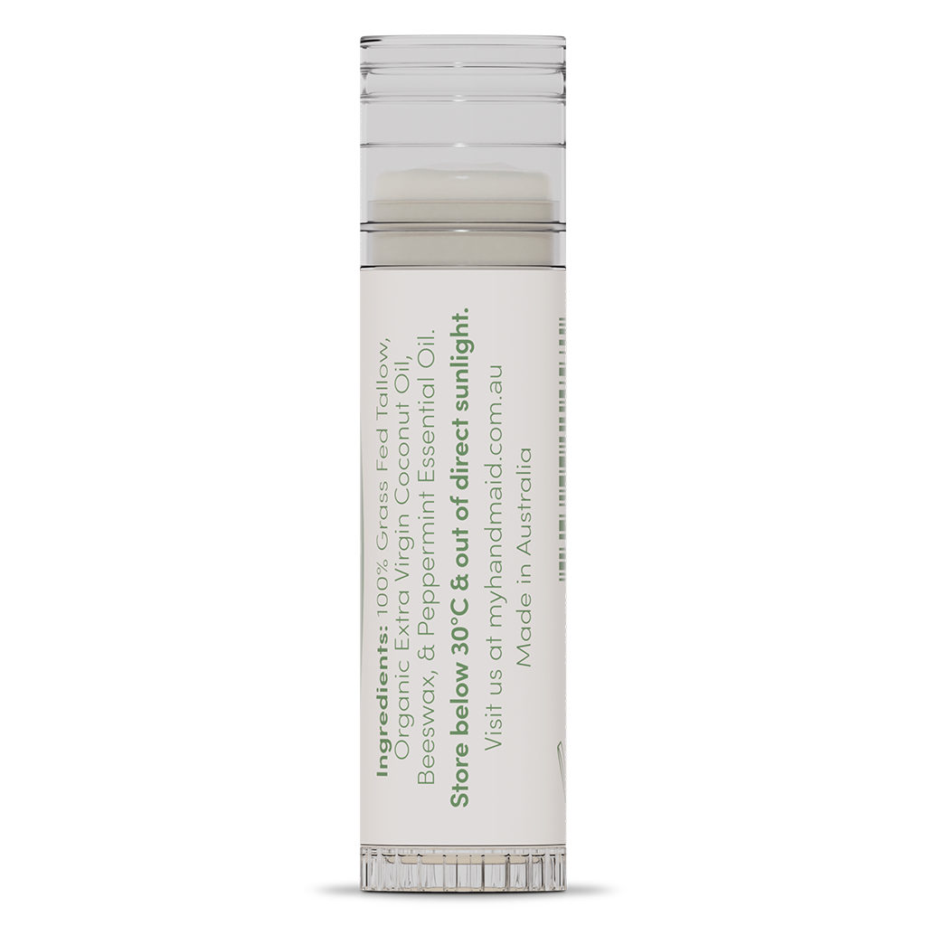 Rear view of a myhandmaid natural lip balm tube showing the storage instructions, website, "Made in Australia" text, and ingredients list including grass-fed tallow, organic extra virgin coconut oil, beeswax, and peppermint essential oil.