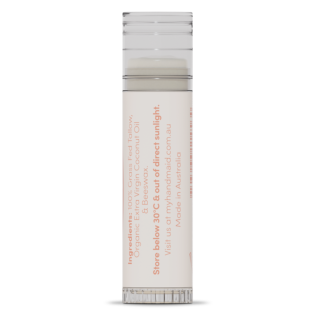 Rear view of a Handmaid natural lip balm tube showing the storage instructions, website, "Made in Australia" text, and natural ingredients list including grass-fed tallow, organic extra virgin coconut oil, and beeswax.