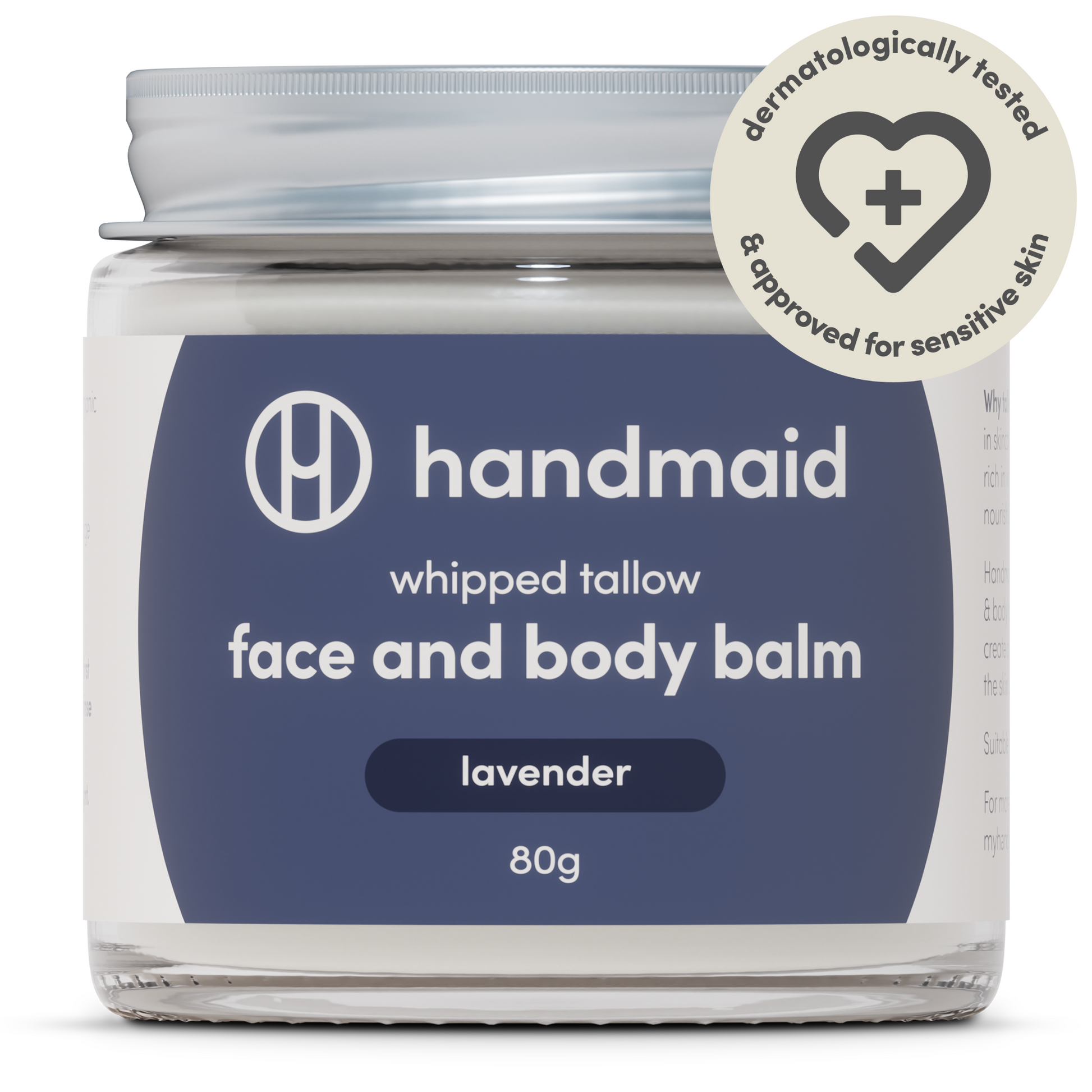 Jar of handmaid whipped tallow face and body balm with lavender scent on a white background