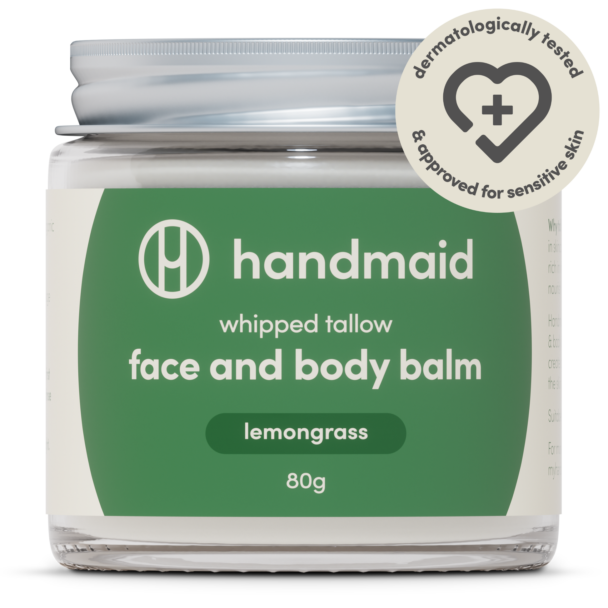 Jar of handmaid whipped tallow face and body balm with lemongrass scent on a white background